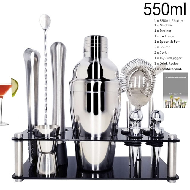1-14 Pcs/set 600ml 750ml Stainless Steel Cocktail Shaker Mixer Drink Bartender Browser Kit Bars Set Tools With Wine Rack Stand
