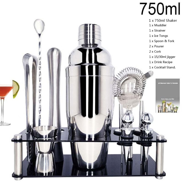 1-14 Pcs/set 600ml 750ml Stainless Steel Cocktail Shaker Mixer Drink Bartender Browser Kit Bars Set Tools With Wine Rack Stand