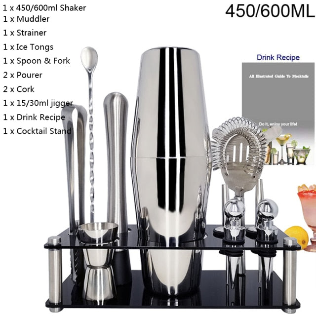 1-14 Pcs/set 600ml 750ml Stainless Steel Cocktail Shaker Mixer Drink Bartender Browser Kit Bars Set Tools With Wine Rack Stand
