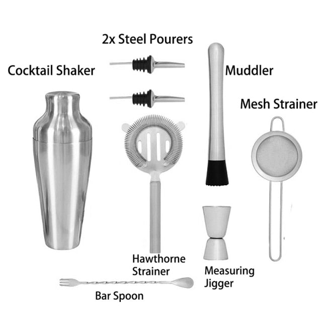 Cocktail Set, Cocktail Making Set, Parisian Matte Black 9 Piece Stainless Steel Cocktail Shaker Set, Bar Tool