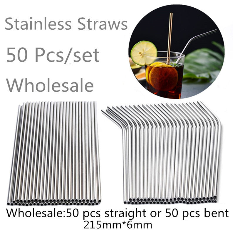 50pcs/set Eco Friendly Metal Straw Reusable Wholesale Stainless Steel Drinking Tubes 215mm*6mm Straight Bent Straws For beer