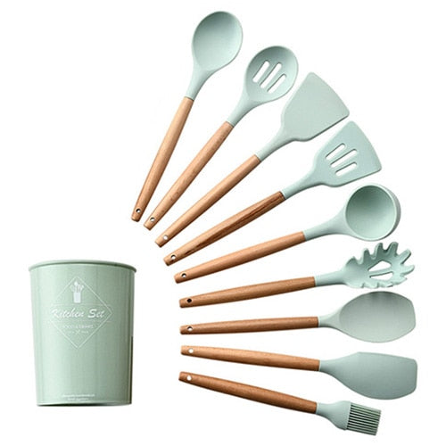 9/10/12PCS Silicone Cooking Utensils Set Non-stick Spatula Shovel Wooden Handle Cooking Tools Set With Storage Box Kitchen Tools