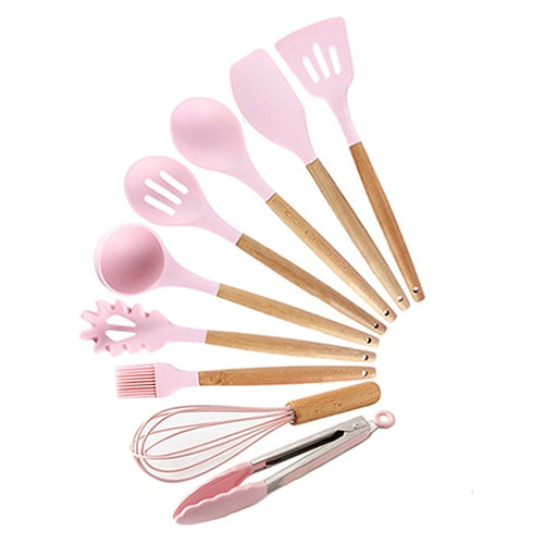 9/10/12PCS Silicone Cooking Utensils Set Non-stick Spatula Shovel Wooden Handle Cooking Tools Set With Storage Box Kitchen Tools