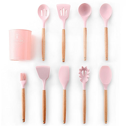 9/10/12PCS Silicone Cooking Utensils Set Non-stick Spatula Shovel Wooden Handle Cooking Tools Set With Storage Box Kitchen Tools