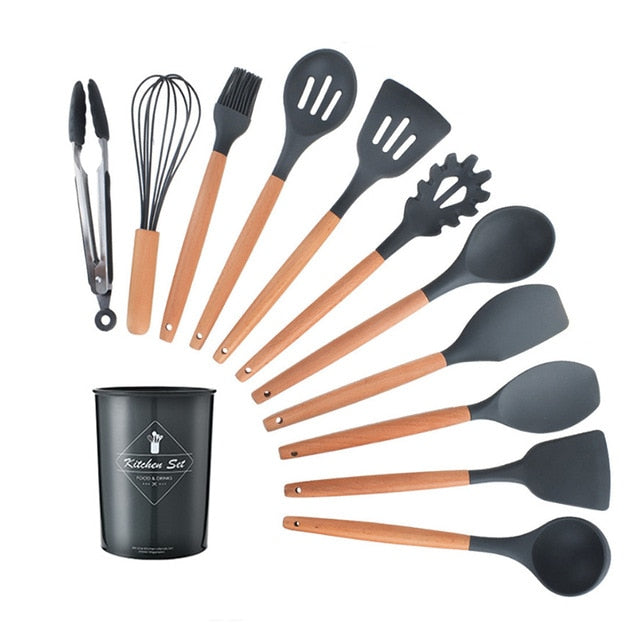 9/10/12PCS Silicone Cooking Utensils Set Non-stick Spatula Shovel Wooden Handle Cooking Tools Set With Storage Box Kitchen Tools