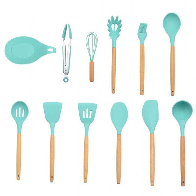 9/10/12PCS Silicone Cooking Utensils Set Non-stick Spatula Shovel Wooden Handle Cooking Tools Set With Storage Box Kitchen Tools