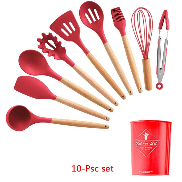 9/10/12PCS Silicone Cooking Utensils Set Non-stick Spatula Shovel Wooden Handle Cooking Tools Set With Storage Box Kitchen Tools