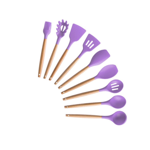 9/10/12PCS Silicone Cooking Utensils Set Non-stick Spatula Shovel Wooden Handle Cooking Tools Set With Storage Box Kitchen Tools