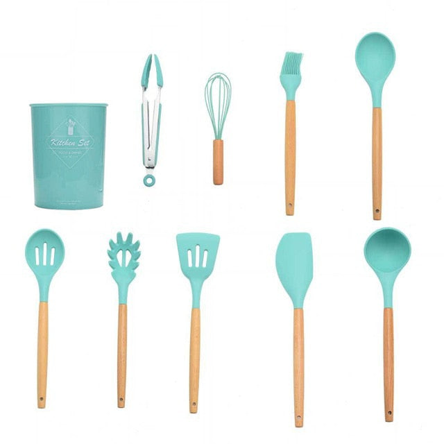 9/10/12PCS Silicone Cooking Utensils Set Non-stick Spatula Shovel Wooden Handle Cooking Tools Set With Storage Box Kitchen Tools