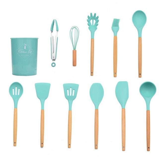 9/10/12PCS Silicone Cooking Utensils Set Non-stick Spatula Shovel Wooden Handle Cooking Tools Set With Storage Box Kitchen Tools