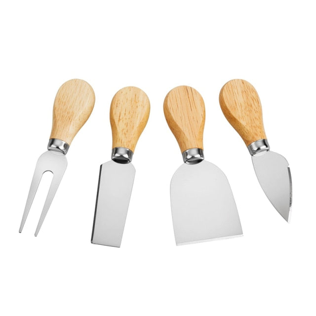 4 Cheese Knives Set Cheese Cutlery Steel Stainless Cheese Slicer Cutter Wood Handle Mini Knife,Butter Knife,Spatula& ForK