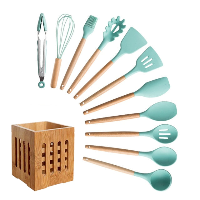 Silicone Cooking Utensils Set Non-Stick Spatula Shovel Wooden Handle Cooking Tools Set With Storage Box Kitchen Tool Accessories