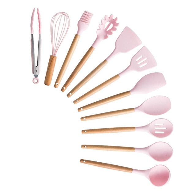 Silicone Cooking Utensils Set Non-Stick Spatula Shovel Wooden Handle Cooking Tools Set With Storage Box Kitchen Tool Accessories