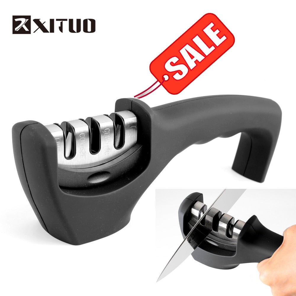 XITUO Knife Sharpener for Straight and Serrated Knives, 3-Stage Diamond Coated Wheel System, Sharpens Dull Knives Quickly, Safe