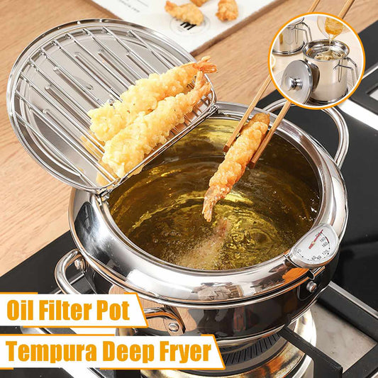 304 Stainless Steel Deep Frying Pot Kitchen Tempura Fryer Pan with Lid