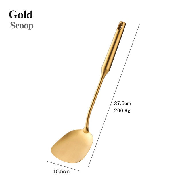 1PCS Stainless Steel Gold Cooking Tools Anti-Slip Handle Kitchen Utensils Set Turner Ladle Spoon Home Restaurant Accessories