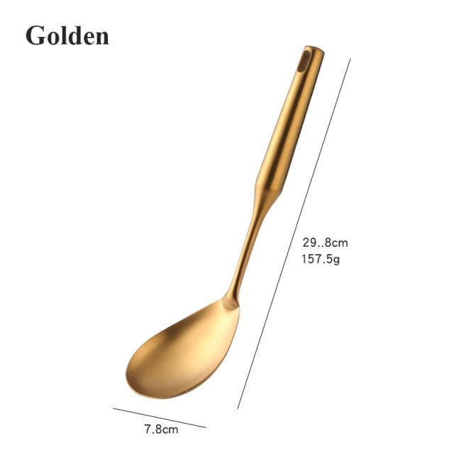 1PCS Stainless Steel Gold Cooking Tools Anti-Slip Handle Kitchen Utensils Set Turner Ladle Spoon Home Restaurant Accessories