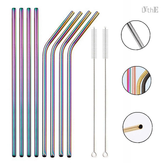 Rainbow Color Reusable Metal Straws Set with Cleaner Brush 304 Stainless Steel Drinking Straw Milk Drinkware Bar Party Accessory