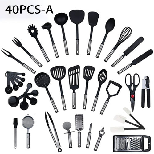 Cooking Utensils Complete Tools  Spoon Utensils Cookware Stainless Steel Nylon Non-Stick Spatula Set