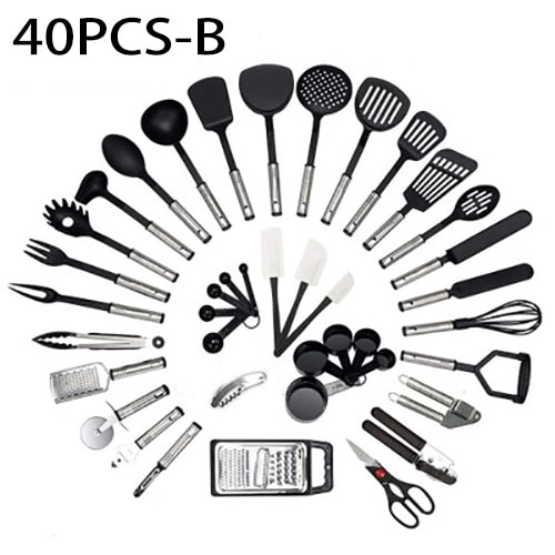 Cooking Utensils Complete Tools  Spoon Utensils Cookware Stainless Steel Nylon Non-Stick Spatula Set