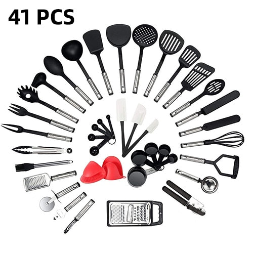 Cooking Utensils Complete Tools  Spoon Utensils Cookware Stainless Steel Nylon Non-Stick Spatula Set