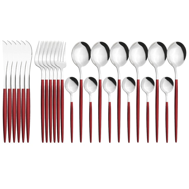 24pcs Gold Dinnerware Set Stainless Steel Cutlery Set Mirror Silverware Knife Fork Spoon Tableware Flatware Set Dishwasher Safe